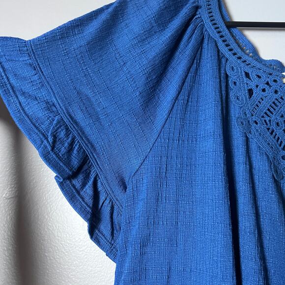 Max Studio 2X Cobalt Lace Yoke Peasant Top NWT Boho Short Sleeve Blouse Tunic - Picture 3 of 8